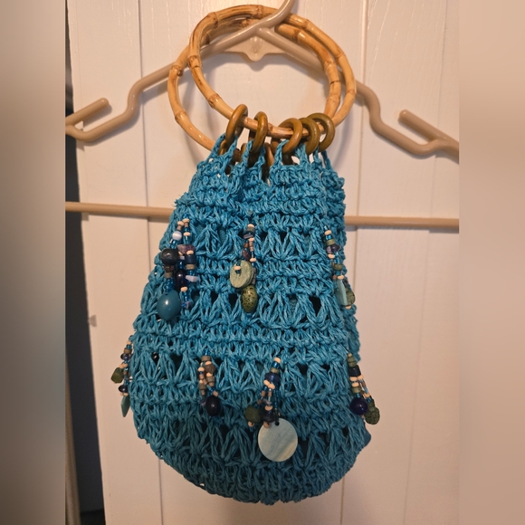 Capelli of New York Turquoise Crochet Mini Bag with Wooden Handles - Picture 1 of 5